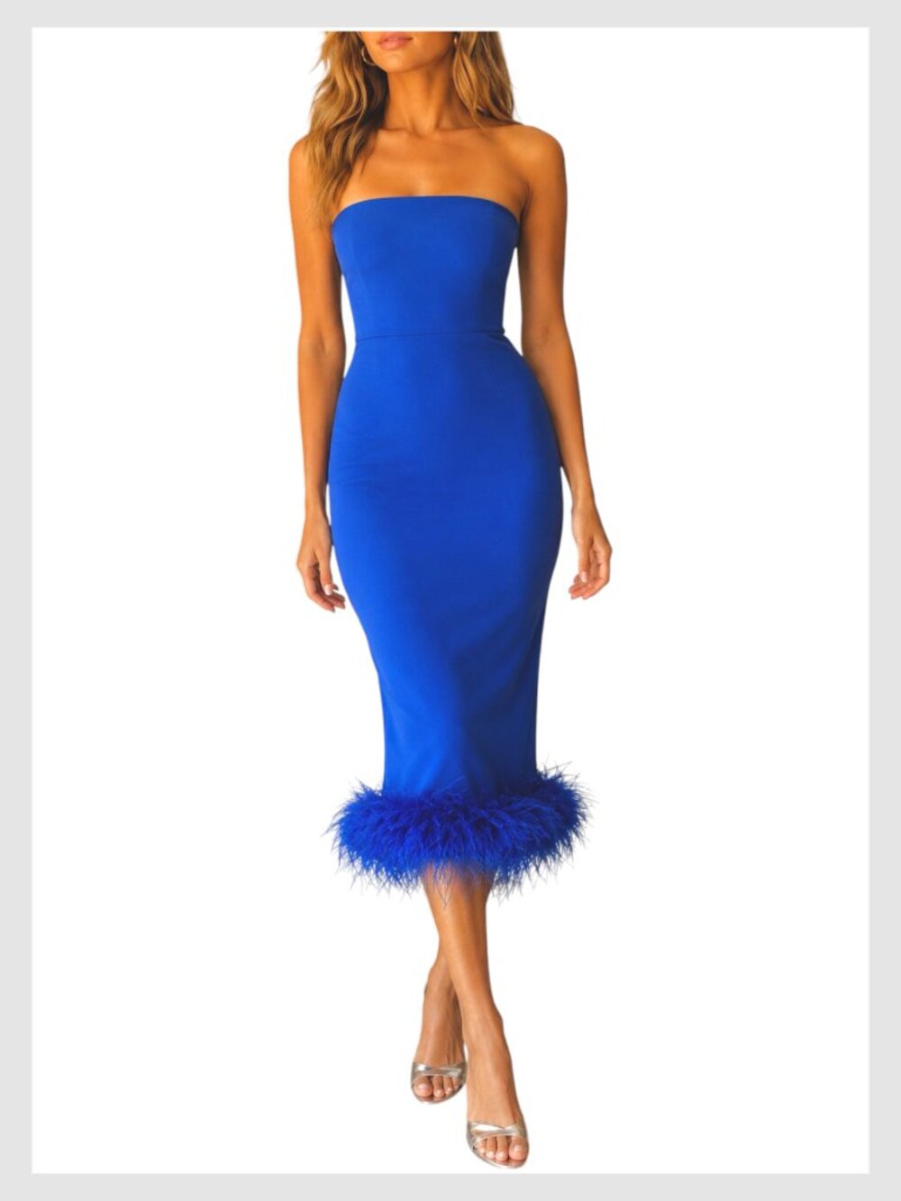Amanda Uprichard Royal Blue Strapless Midi Dress with Feather Hem